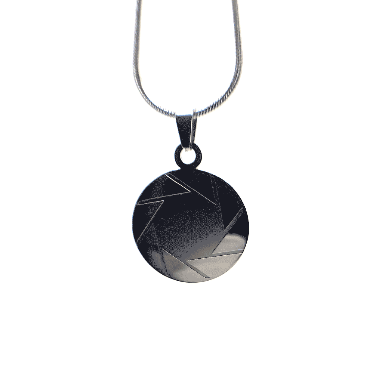 Spinning gif of a stainless steel aperture science logo necklace from Portal 2