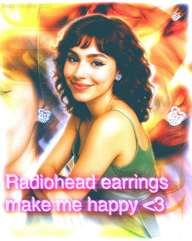 Smiling young woman wearing Radiohead-logo earrings against a vibrant, abstract background with neon text reading “Radiohead earrings make me happy <3.”
