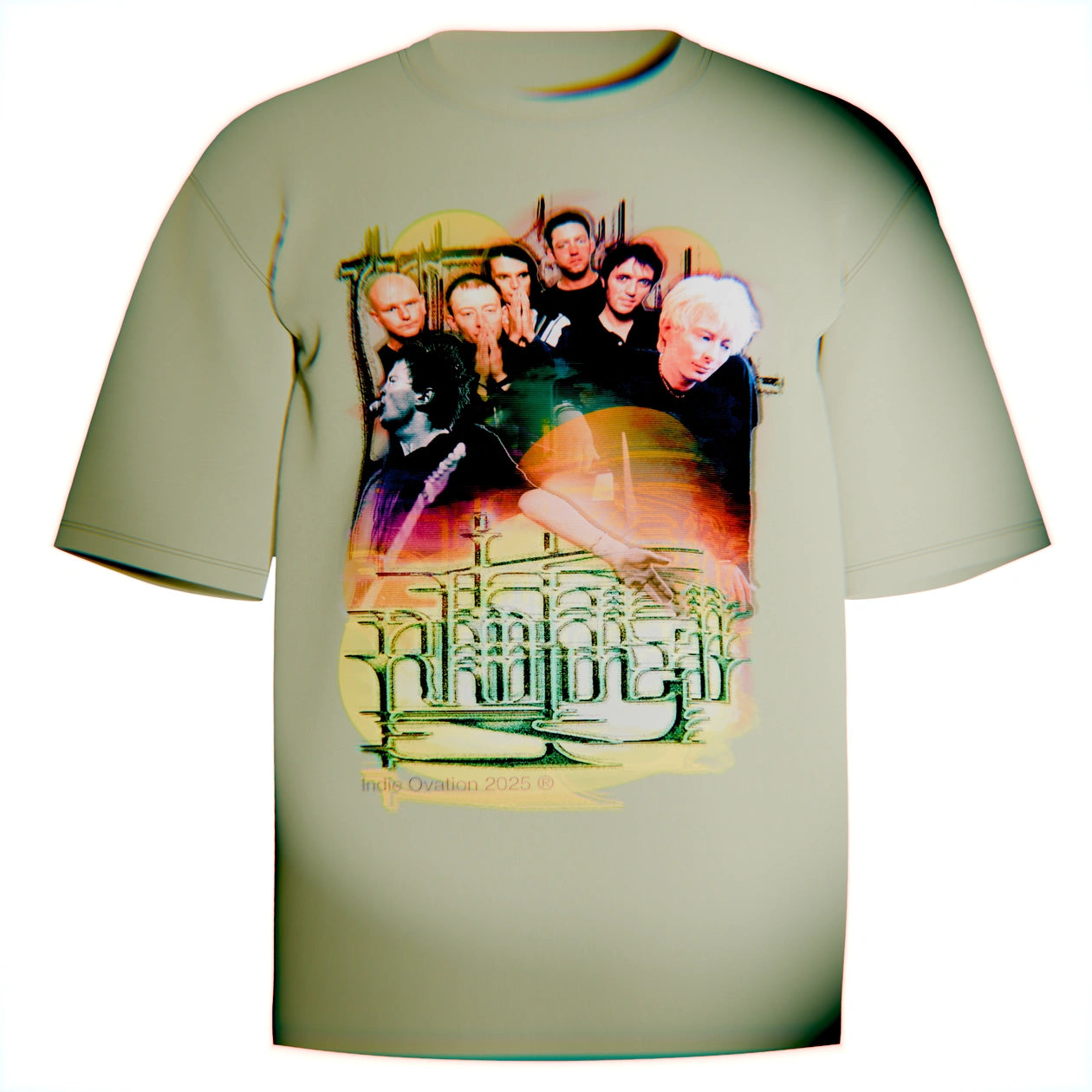 green vintage t shirt with colorful image of radiohead band with intricate typography
