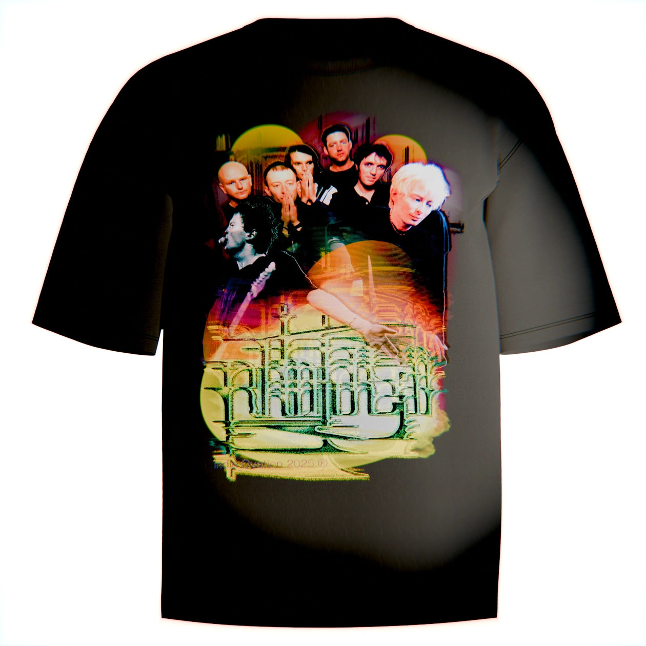black vintage t shirt with colorful image of radiohead band with intricate typography