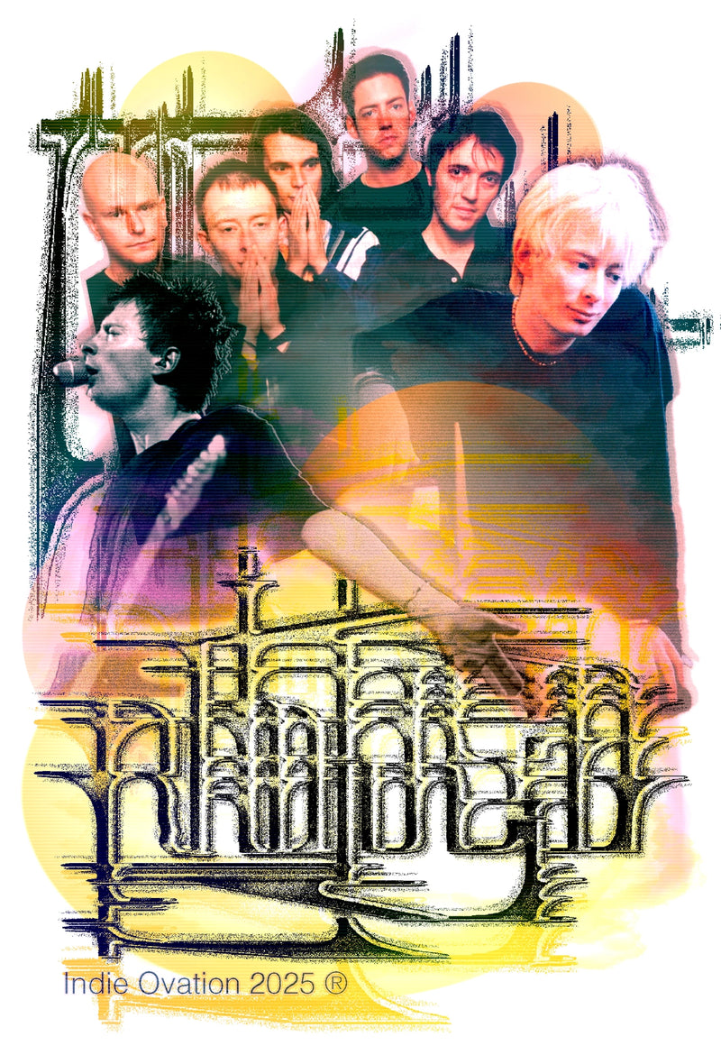 Beautiful white background poster of radiohead with intricate gothic typography and colorful vibrant splotches.