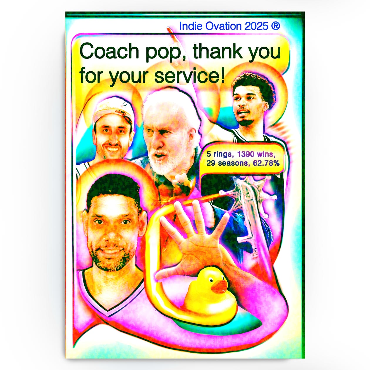 Pop-surreal collage of a veteran basketball coach with a stern, focused expression surrounded by players, neon rings, a stats bubble reading "5 rings, 1390 wins", and a small yellow rubber duck.