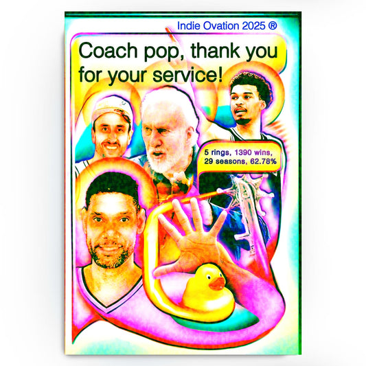 Pop-surreal collage of a veteran basketball coach with a stern, focused expression surrounded by players, neon rings, a stats bubble reading "5 rings, 1390 wins", and a small yellow rubber duck.
