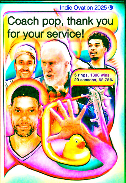 Pop-surreal collage of a veteran basketball coach with a stern, focused expression surrounded by players, neon rings, a stats bubble reading "5 rings, 1390 wins", and a small yellow rubber duck.