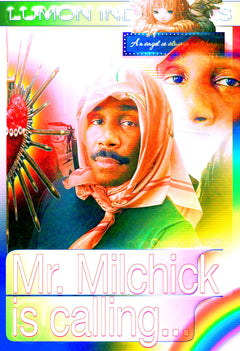 “Glitch-core collage poster of Mr. Milchick from Severance, with rainbow gradients, CRT scanlines, angel illustration, and surreal doubled portrait. Text reads ‘Mr. Milchick is calling…’ with Lumon Industries branding.”