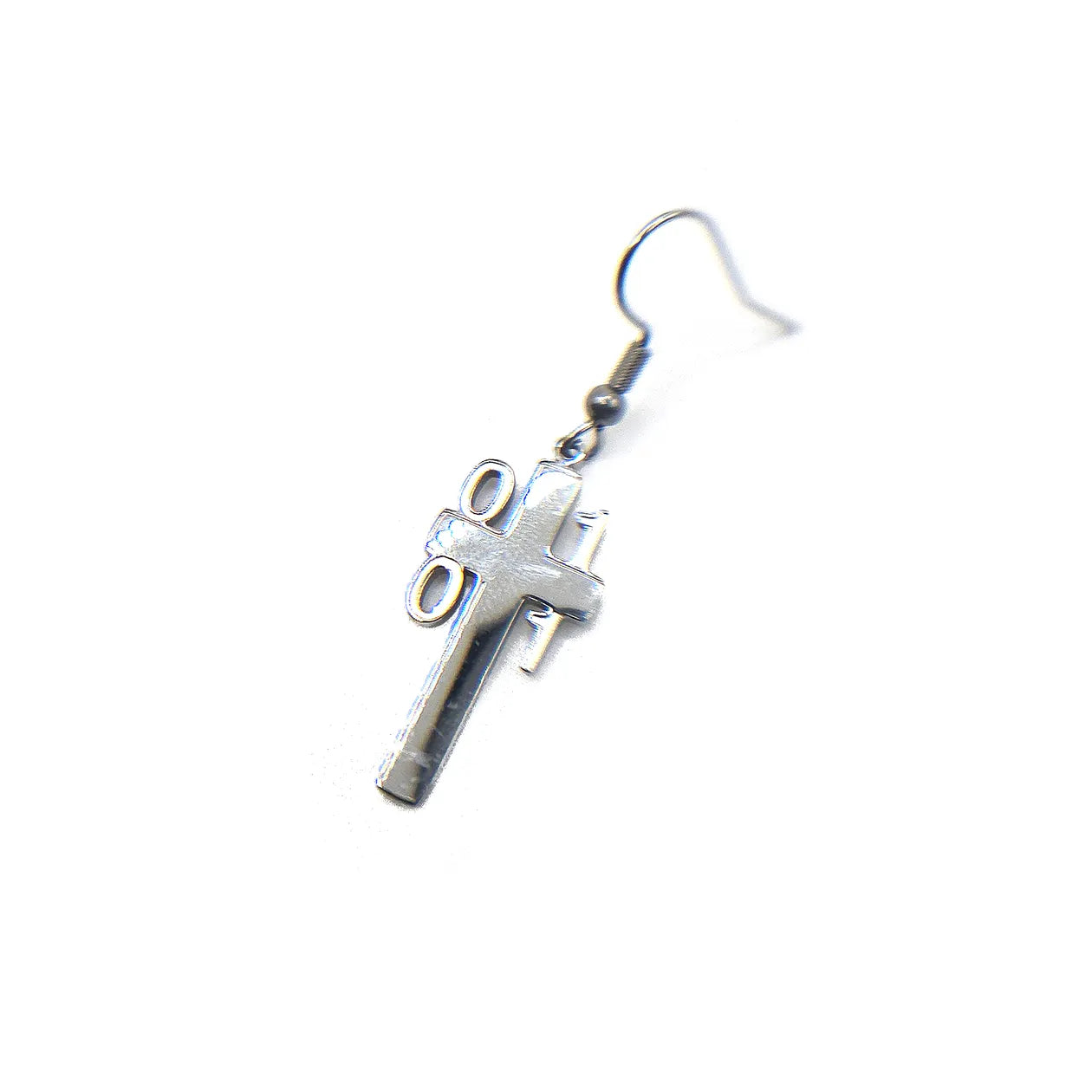 Single stainless steel Binary Architect Cross Earring with 0 and 1 binary design, merging digital culture and Christian inspiration.
