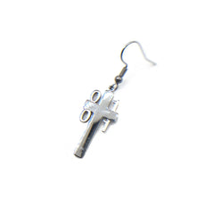 Single stainless steel Binary Architect Cross Earring with 0 and 1 binary design, merging digital culture and Christian inspiration.