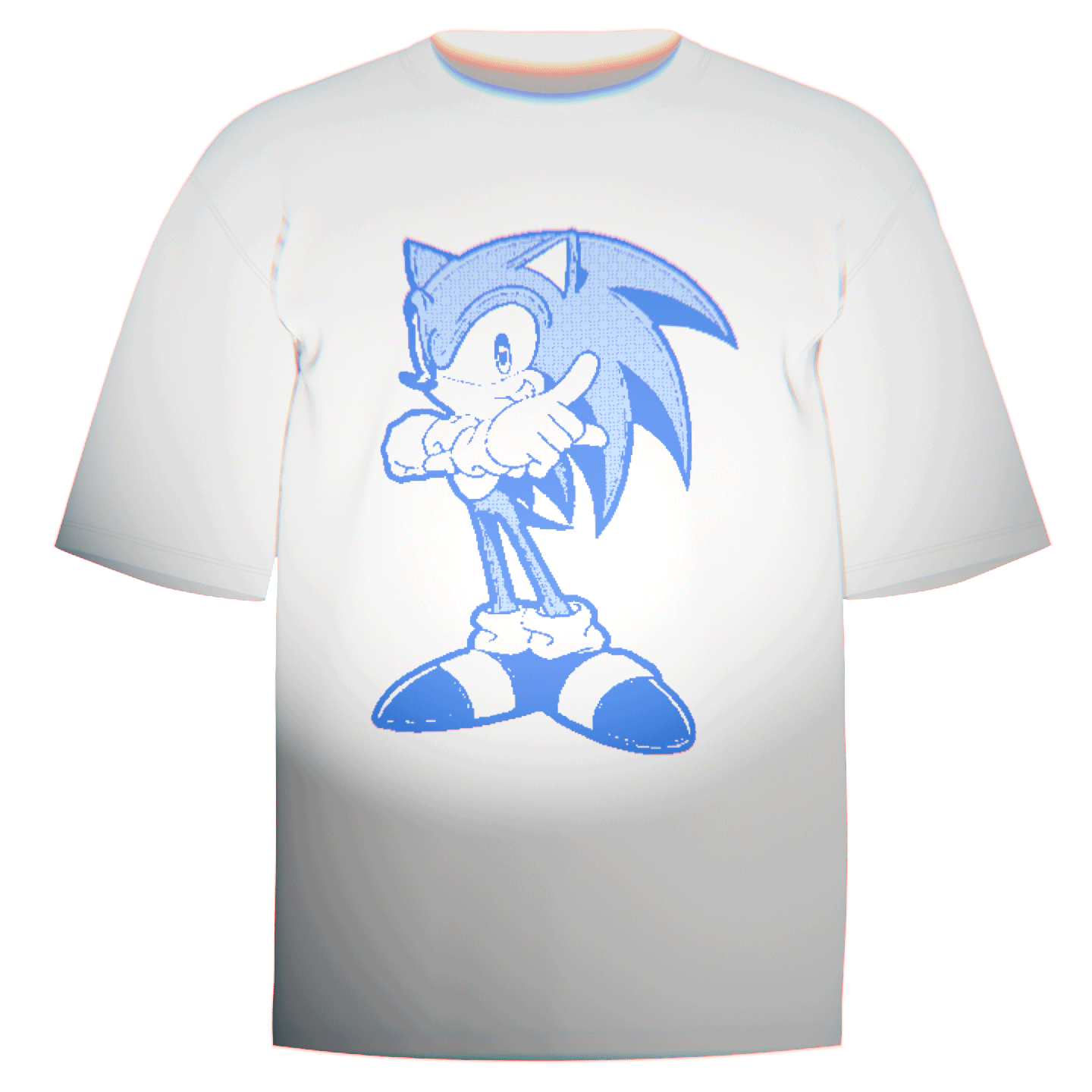 Flat-lay of a white Sonic the Hedgehog Ringspun T-Shirt showcasing a vibrant pixel-inspired print of Sonic the blue blur. Crafted from premium Comfort Colors 100% ringspun cotton for long-lasting comfort and style. Celebrate the legendary Sega mascot with this timeless fan merchandise.