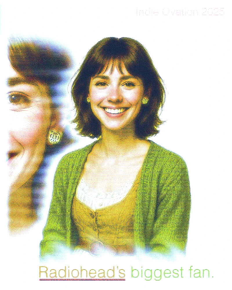 Flyer of a pretty woman in a green cardigan smiling and wearing radiohead earrings, reading "Radiohead's biggest fan"