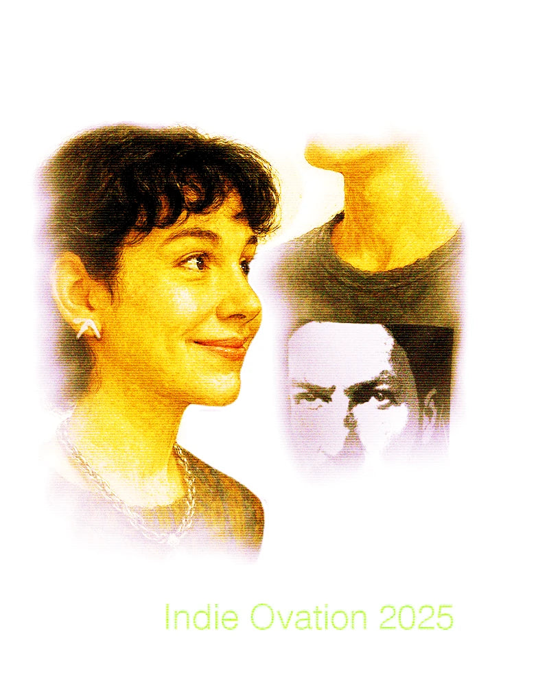 Flyer of a woman in an aphex twin earring next to a man wearing a black t shirt with aphex twin's face on it