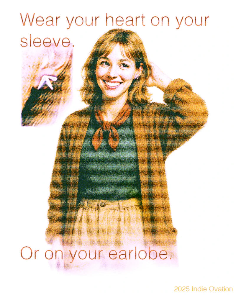 flyer of woman in brown sweater wearing a stainless steel silver aphex twin earring, white background, caption reading "Wear your heart on your sleeve. or on your earlobe.