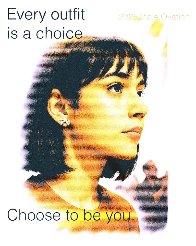 Flyer of a woman in an orange shirt wearing an aphex twin stainless steel silver earring, caption reading "Every outfit is a choice. Choose to be you."