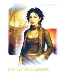 flyer of woman in brown grunge outfit wearing a silver drain gang necklace, below it reading "Drain gang's biggest fan"
