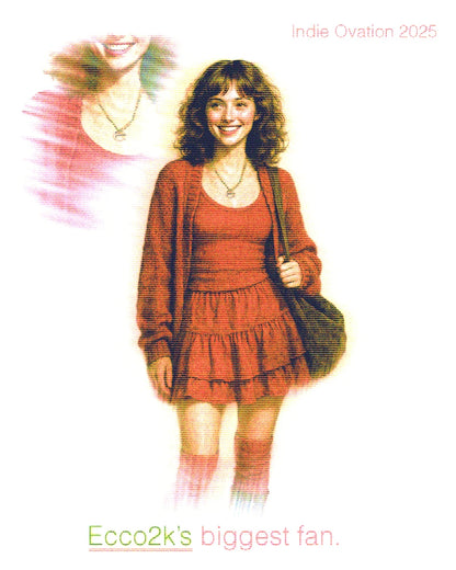flyer of woman in red outfit and skirt wearing a stainless steel ecco2k e necklace, reads "ecco2k's biggest fan"