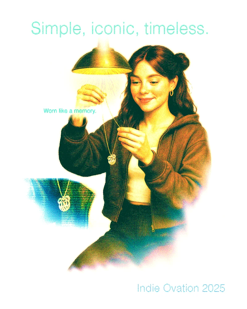 flyer of a woman in a brown hoodie holding a radiohead stainless steel necklace under a lamp, it reads "simple, iconic, timeless. worn like a memory"