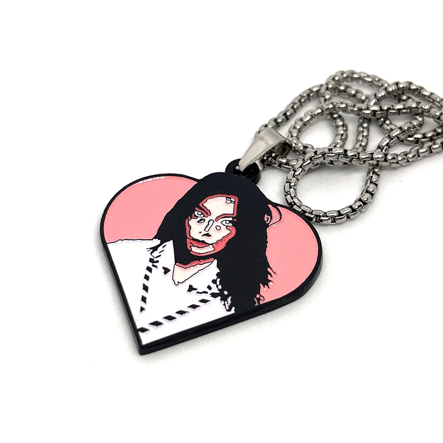 Björk "Post" Heart Fan-Made Enamel Pendant Chain Necklace – 60cm Stainless Steel Chain