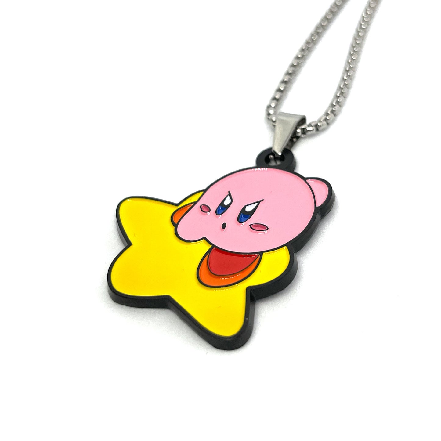 Kirby Air Ride enamel pendant chain necklace – 1.5-inch fan-made design on a 60cm stainless steel chain