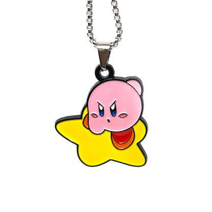 Kirby Air Ride enamel pendant chain necklace – 1.5-inch fan-made design on a 60cm stainless steel chain