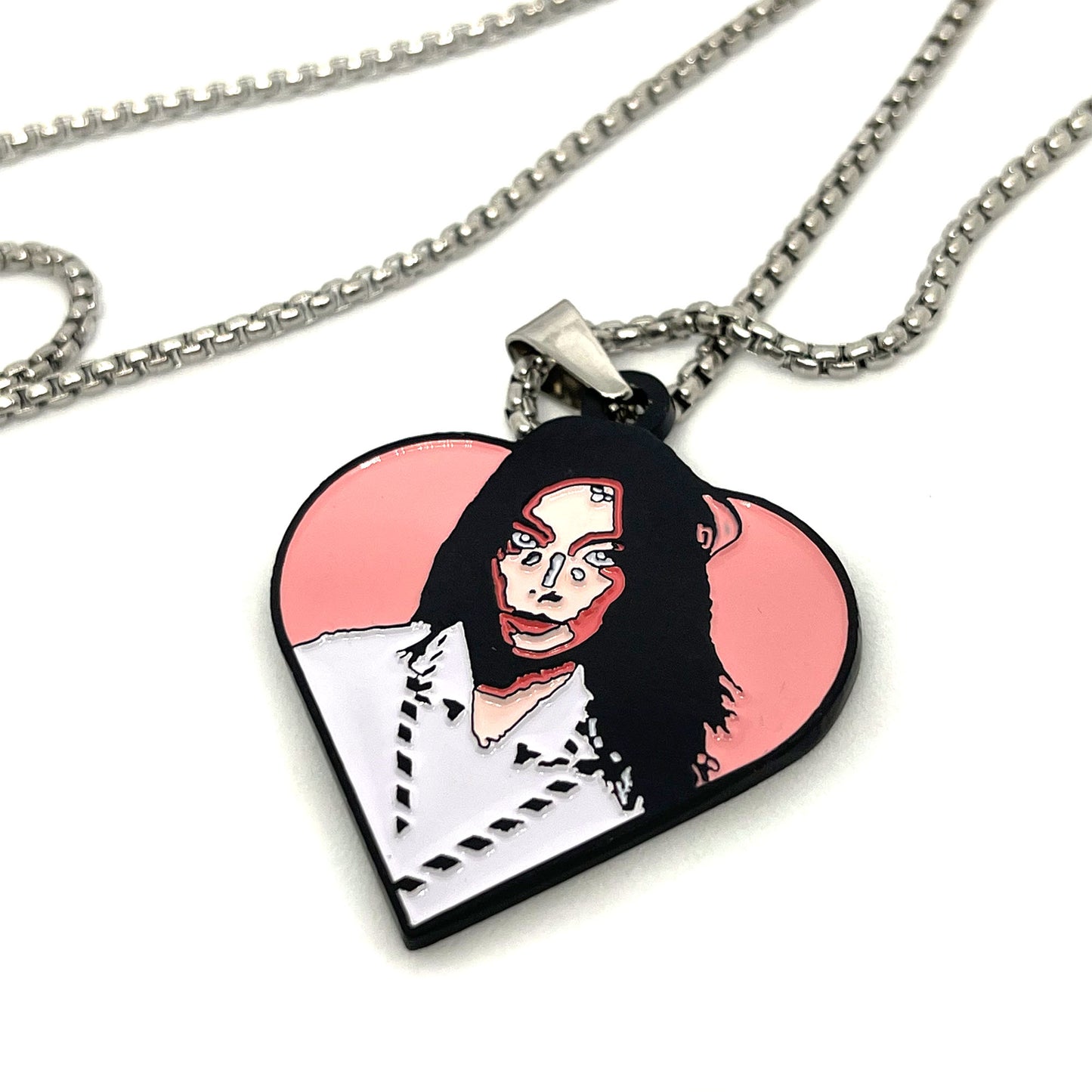 Björk "Post" Heart Fan-Made Enamel Pendant Chain Necklace – 60cm Stainless Steel Chain